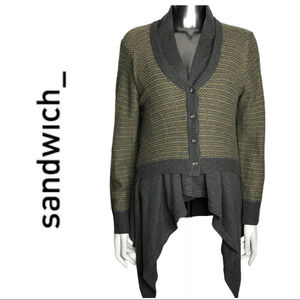 Sandwich_ Button Front Multi Layer  Cardigan Green Grey Size Small